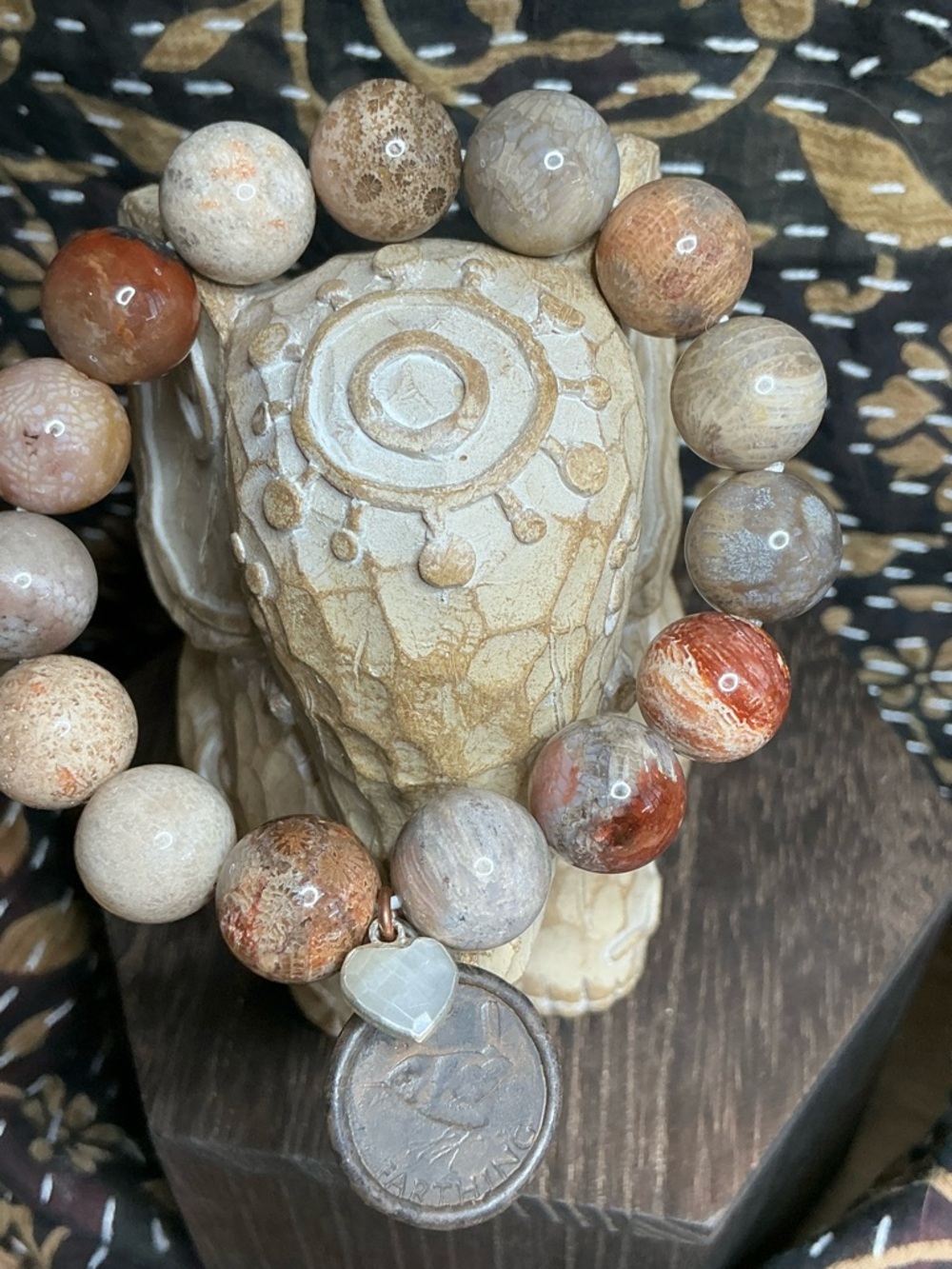 Coral Jade 13mm with Rustic Bird Coin and Moonstone Heart - Picture 2 of 4